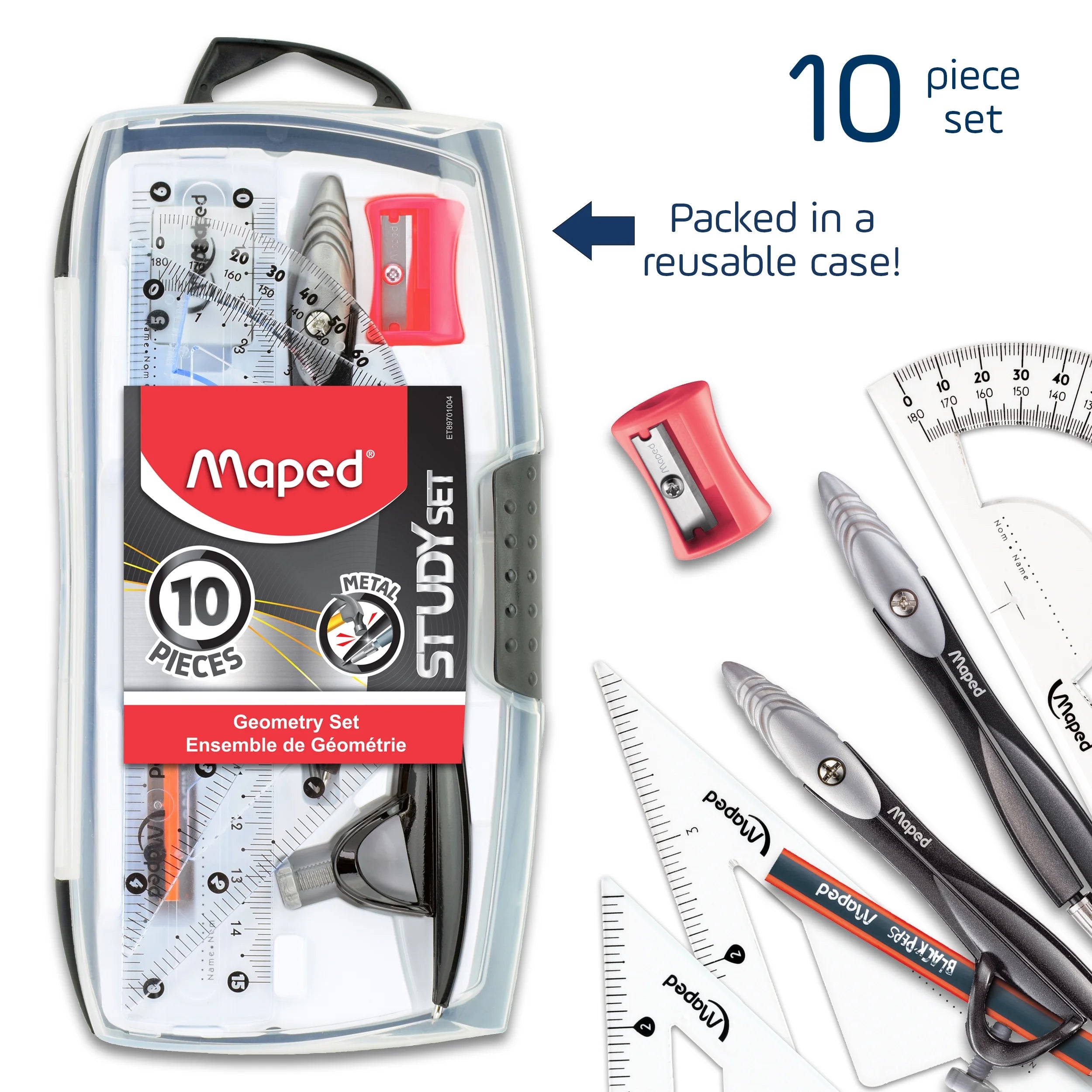 Geometry Set, 10-Piece, Metal Compass & Measuring Tools for Students
