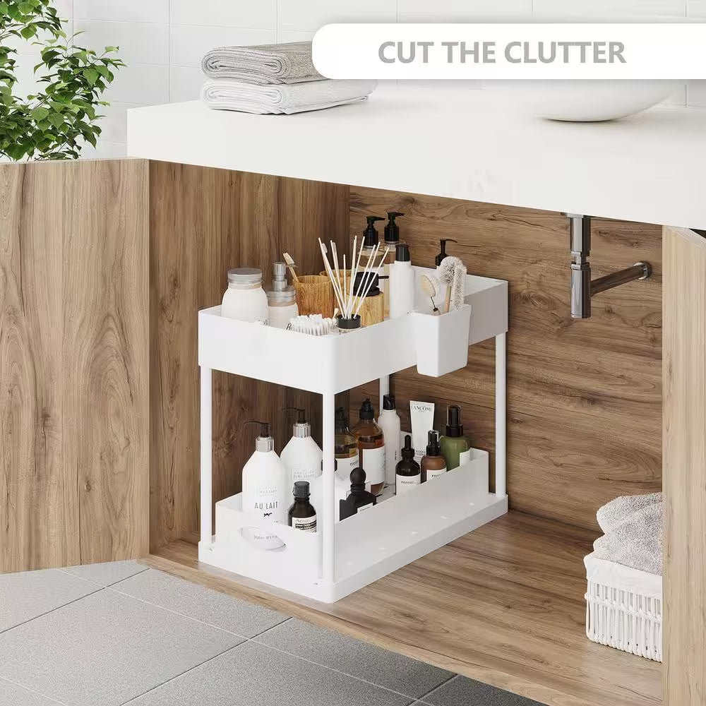 2-Tier White Sliding under Sink Organizer Storage Cabinet Basket Drawer