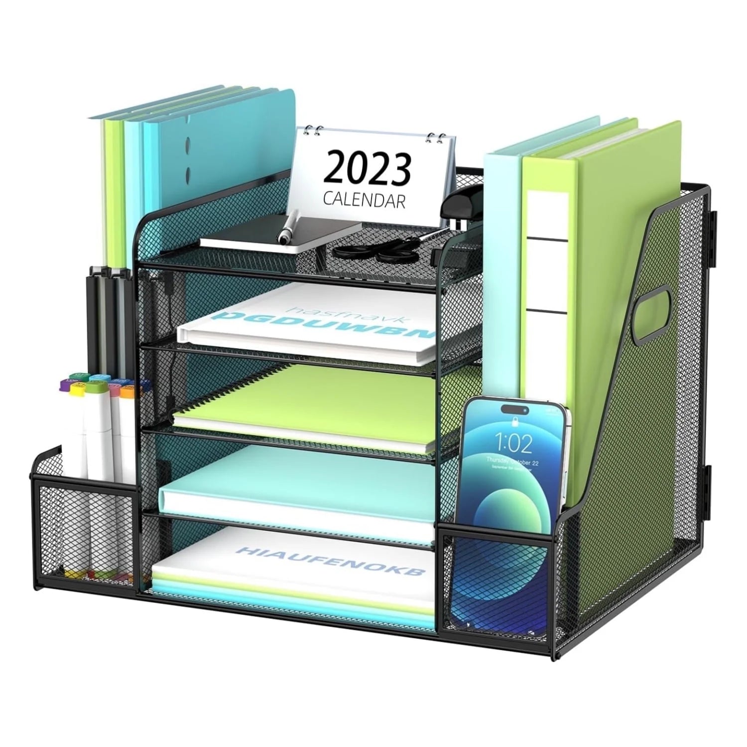 5-Tier Metal Mesh Desk Organizer with 2 File Holder, Paper Organizer, Black