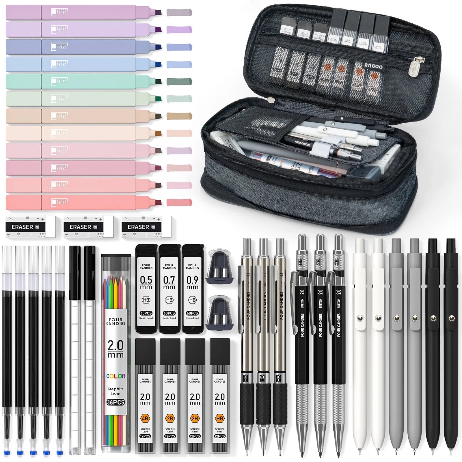 45 PCS Office Supplies with Pen Case, 6 Gel Pens, 6 Art Mechanical Pencil Set, 12 Highlighters for College Essentials Office Stationery (Black)