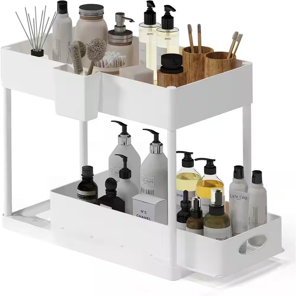 2-Tier White Sliding under Sink Organizer Storage Cabinet Basket Drawer