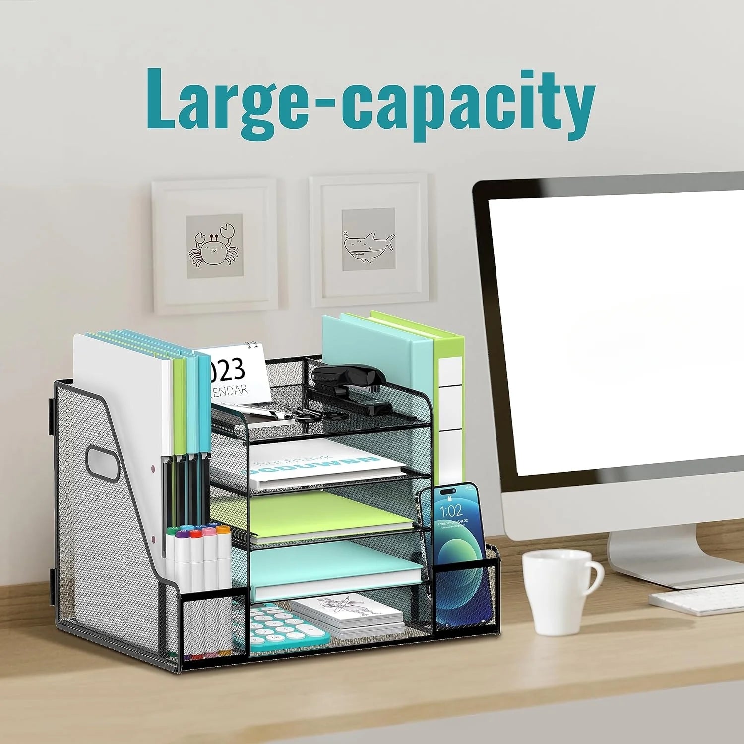 5-Tier Metal Mesh Desk Organizer with 2 File Holder, Paper Organizer, Black