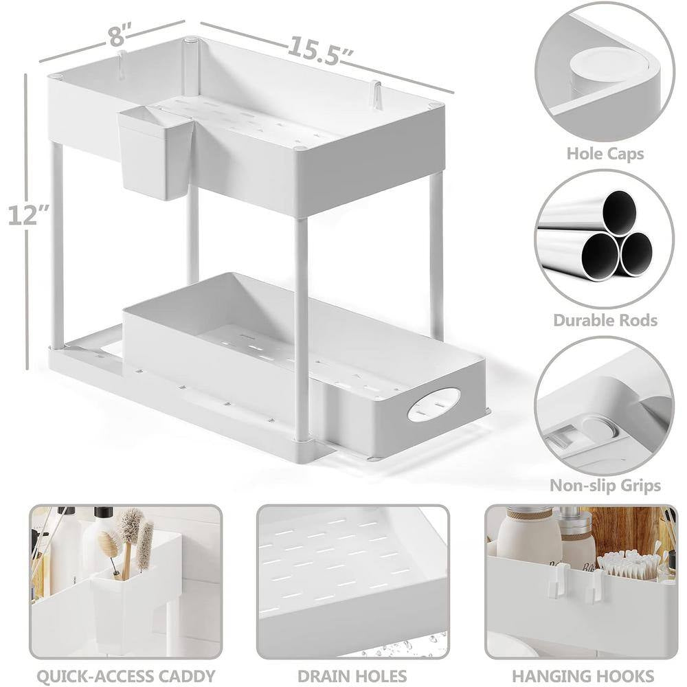 2-Tier White Sliding under Sink Organizer Storage Cabinet Basket Drawer