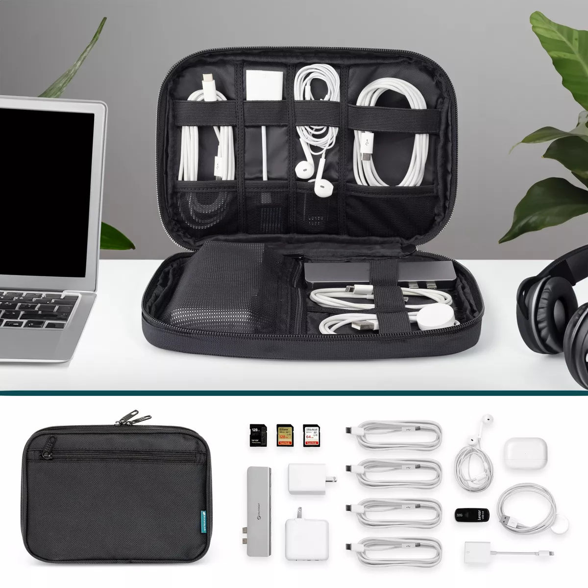 PAVILIA Soft Electronic Organizer Travel Case, Medium Cable Tech Storage Pouch Cord Bag, Charger Accessories Essentials