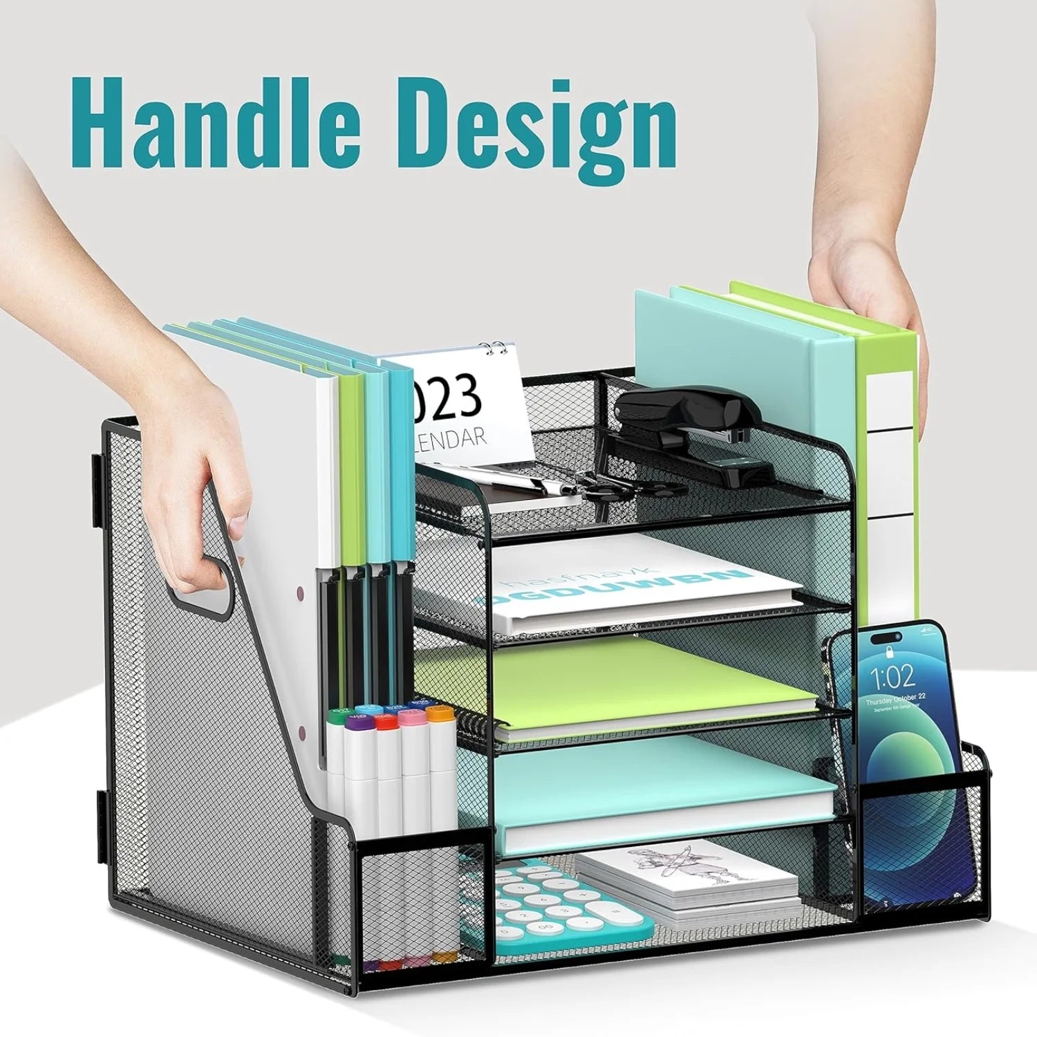 5-Tier Metal Mesh Desk Organizer with 2 File Holder, Paper Organizer, Black