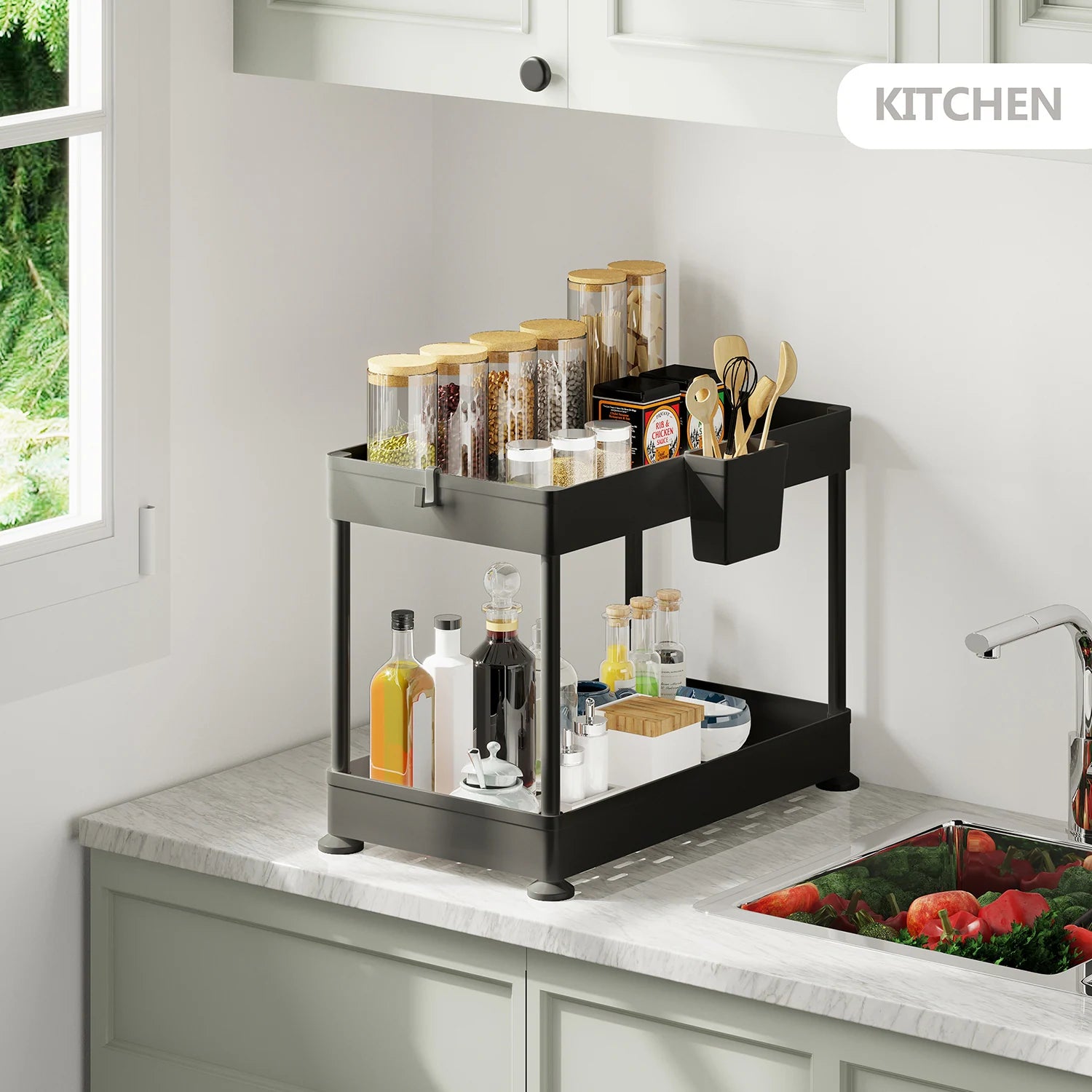 Empyrean 2 Tier Non-Slip Grip Kitchen under Sink Organizer - Bathroom Cabinet Organizer with Utility Hooks and Side Caddy