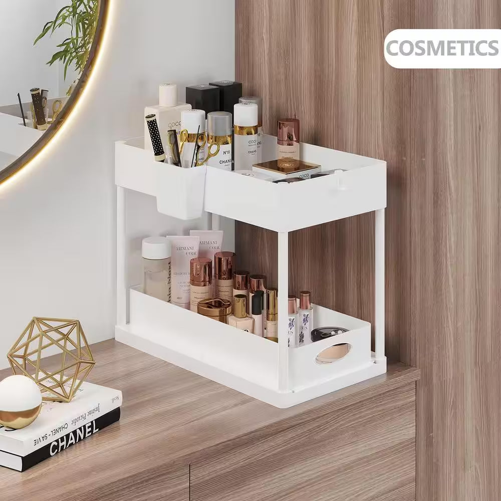 2-Tier White Sliding under Sink Organizer Storage Cabinet Basket Drawer