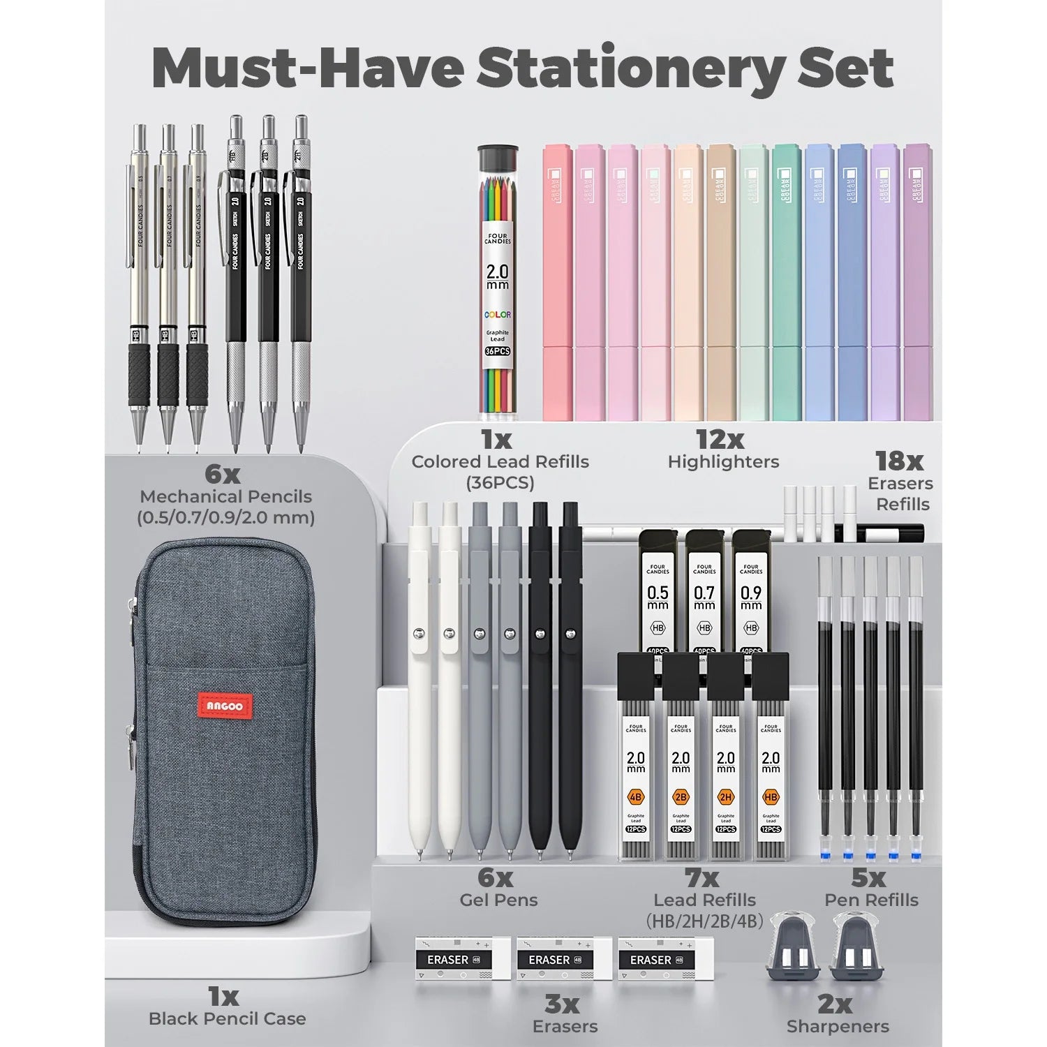 45 PCS Office Supplies with Pen Case, 6 Gel Pens, 6 Art Mechanical Pencil Set, 12 Highlighters for College Essentials Office Stationery (Black)