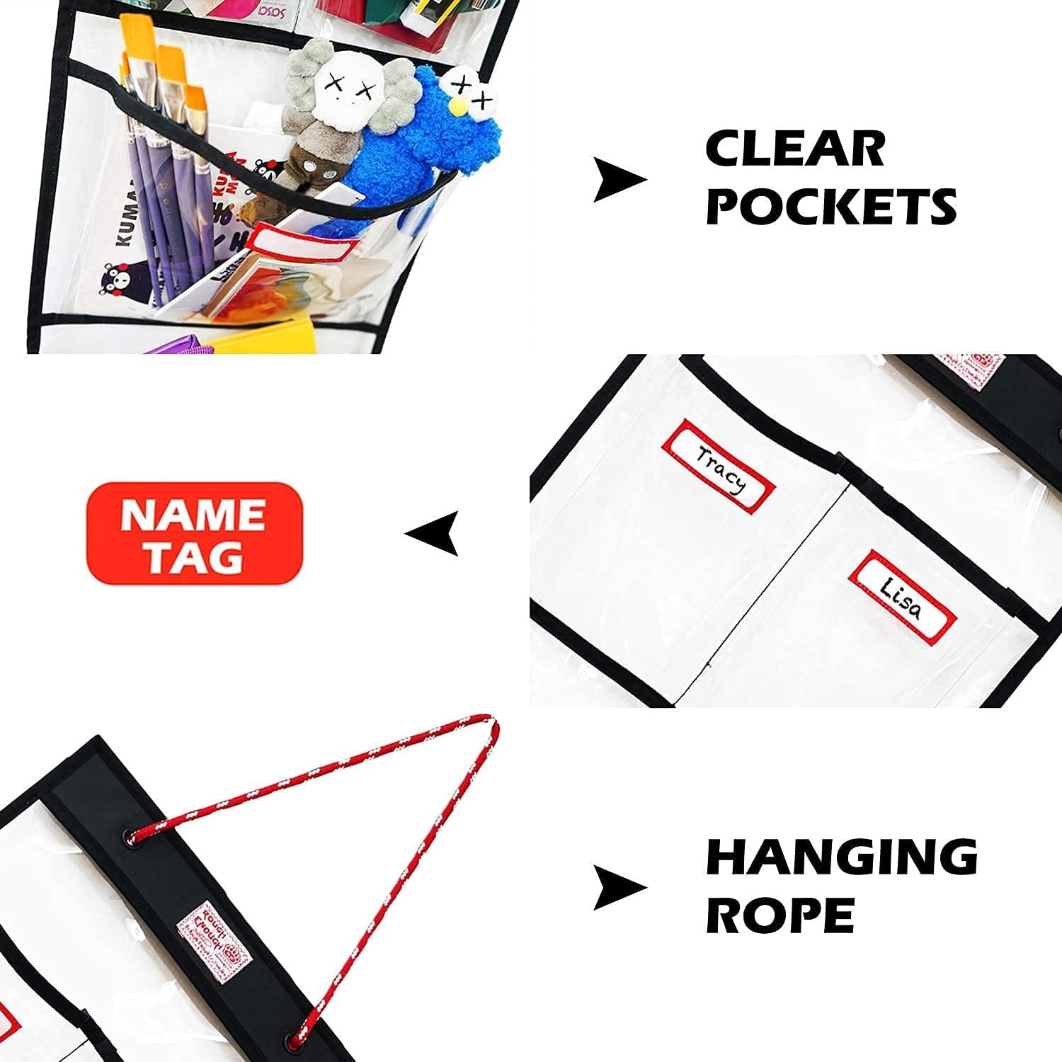 Rough Enough Locker Organizer Hanging Accessories Storage Organization with 4 Pockets for Work Door Gym Wall Clear PVC